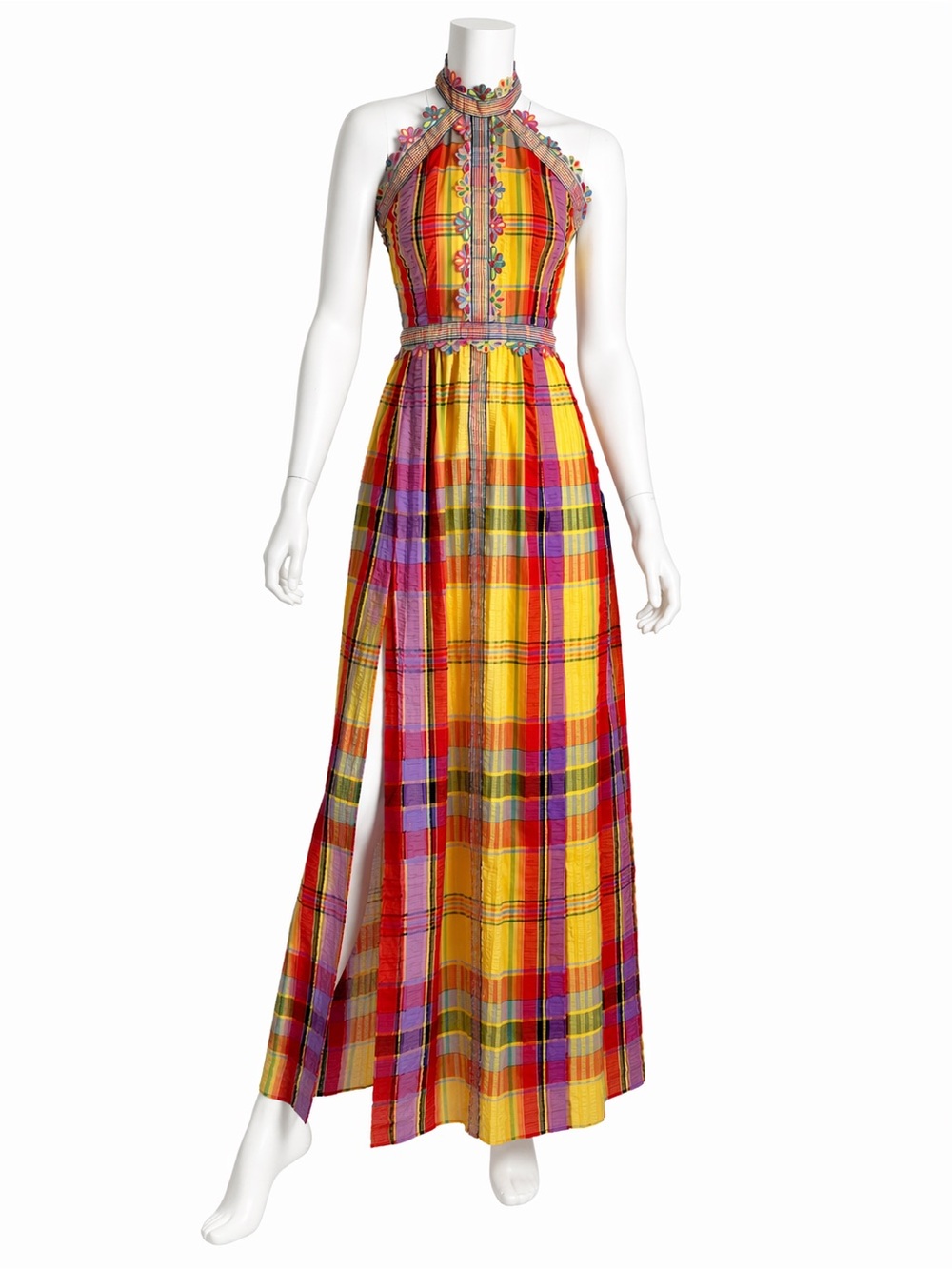 70s Donald Brooks Boutique Dress Halter Textured Plaid Embroidered Floral Trim 8